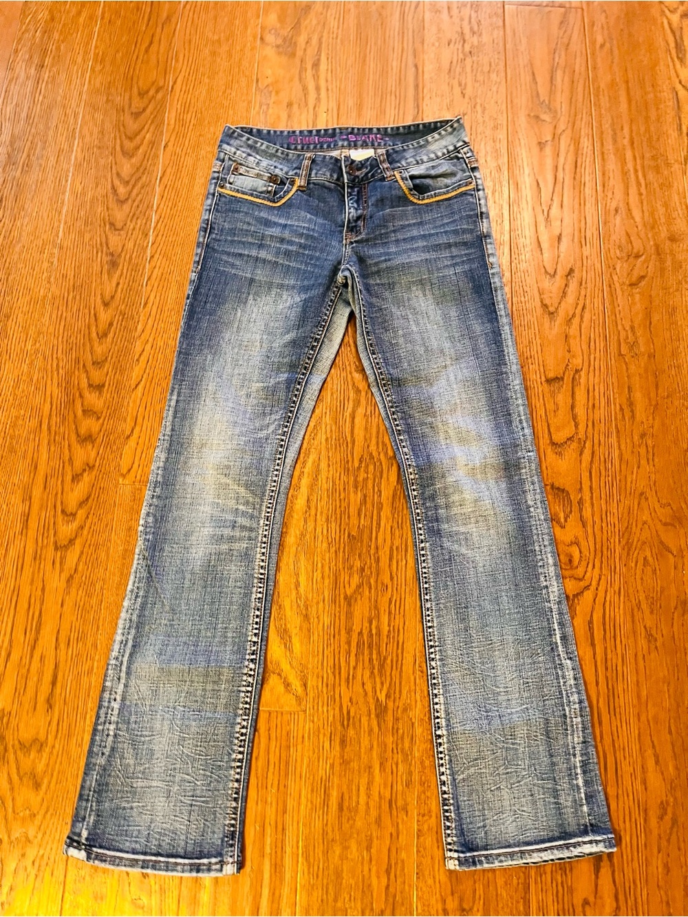 Cruel Girl Blue Denim Straight Leg Jeans with Yellow Embroidered Pockets - Picture 2 of 6